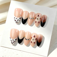 Caramel French 3D Flower Presson on Nails 10Pcs Medium Almond Nails