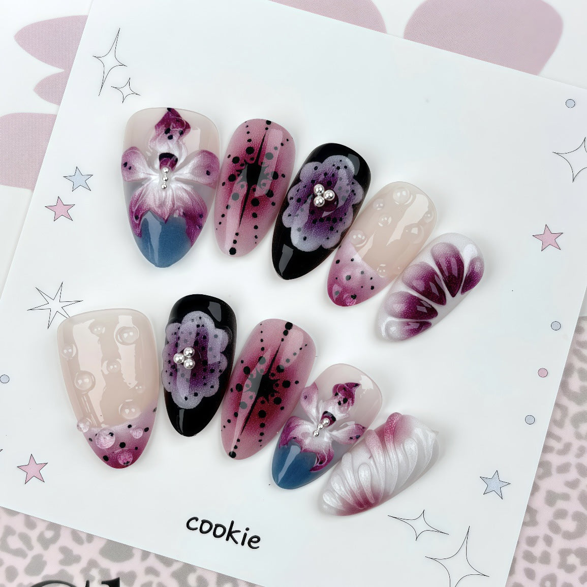 Purple 3D Flower Cool Presson on Nails 10Pcs Medium Almond Nails