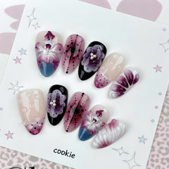 Purple 3D Flower Cool Presson on Nails 10Pcs Medium Almond Nails