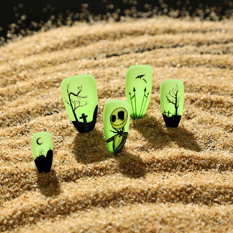 Halloween Fluorescent Green Press on Nails 24Pcs Medium Almond Nails  