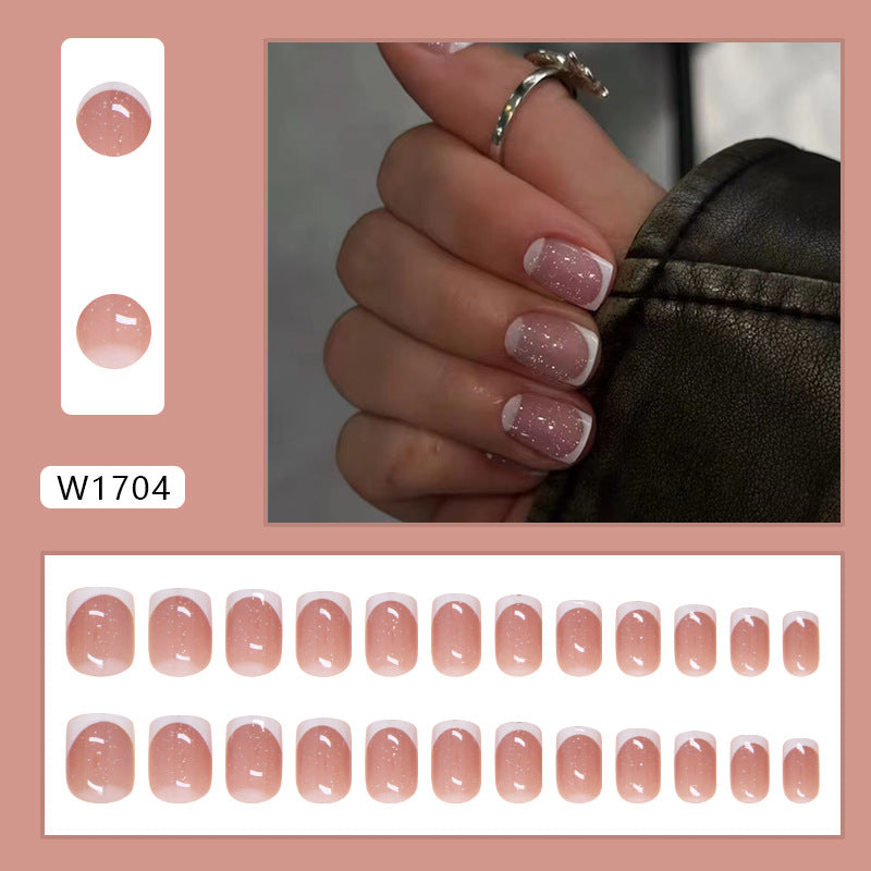 French Fine Glitter Pink Press on Nails 24Pcs Medium Squoval Nails