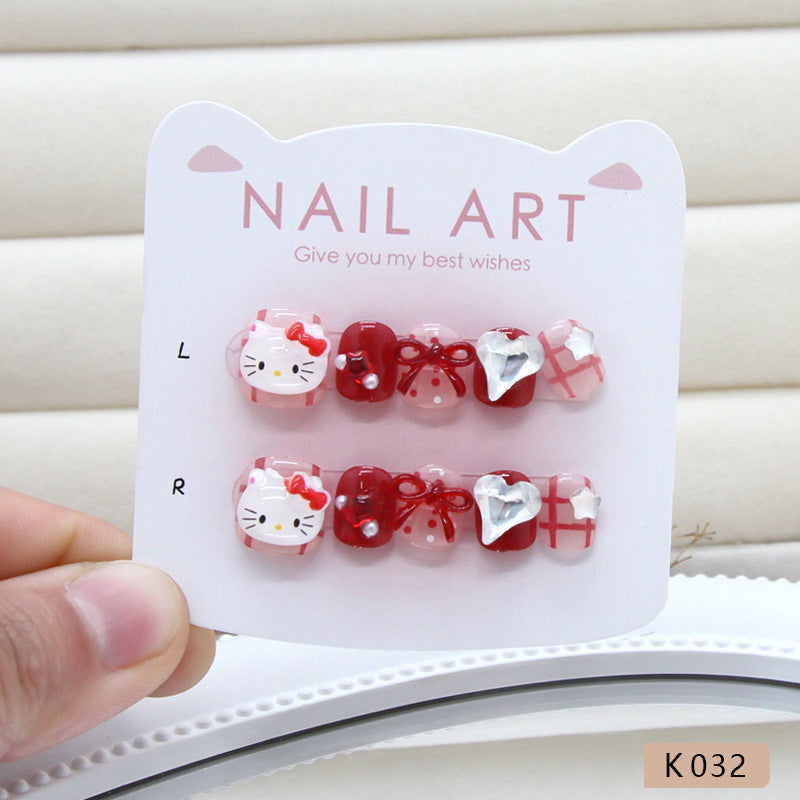 Polka Dot Stripe Kitty Diamond（Handmade Press On Nails）/10Pcs Short Children's Nails