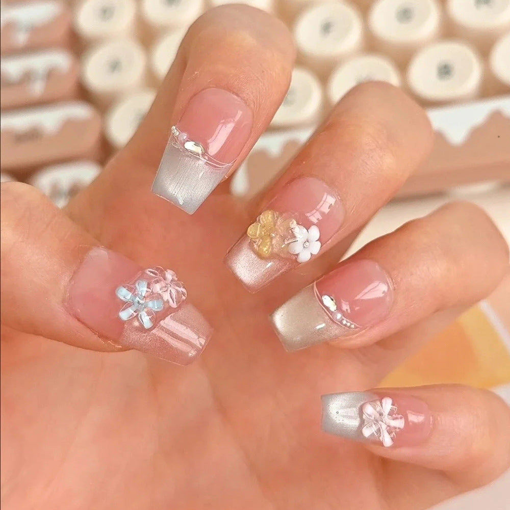 Colorful French Flowers Cat Eye（Handmade press on nails）/10Pcs Ballerina Nails