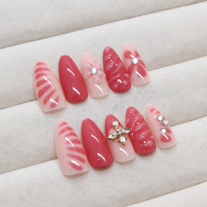 3D flower diamond cross Pink Press on Nails 24Pcs Medium Almond Nails