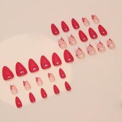 French Red Flower Press on Nails 24Pcs Short Almond Nails