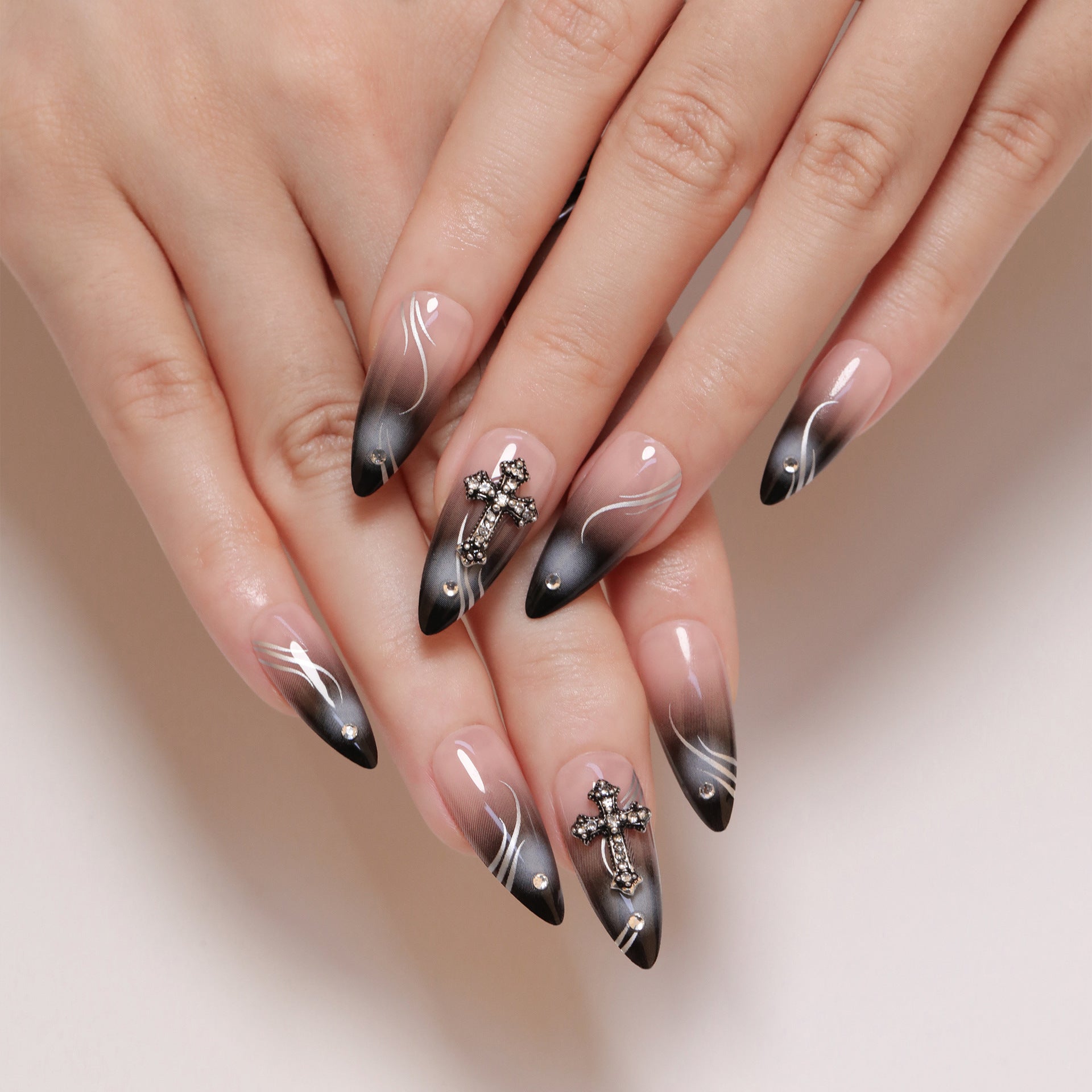 Black Sfumato Cross（Handmade press on nails）/10Pcs Ballerina Nails