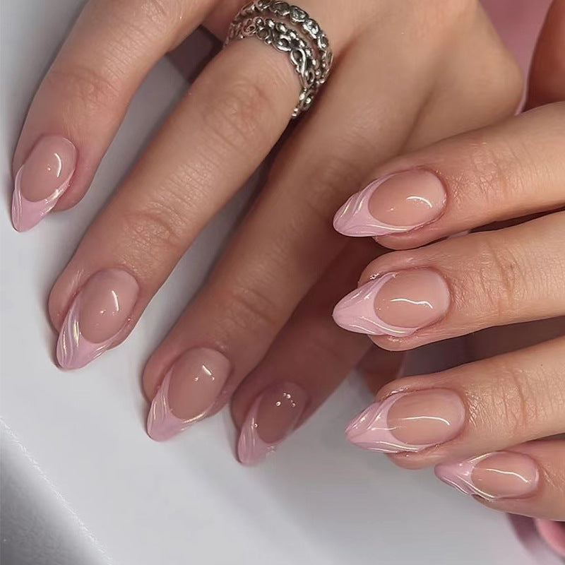 3D Line French Pink Press on Nails 24Pcs Short Almond Nails