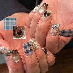 Plaid Bow Stars Presson on Nails 10Pcs Short Square Nails