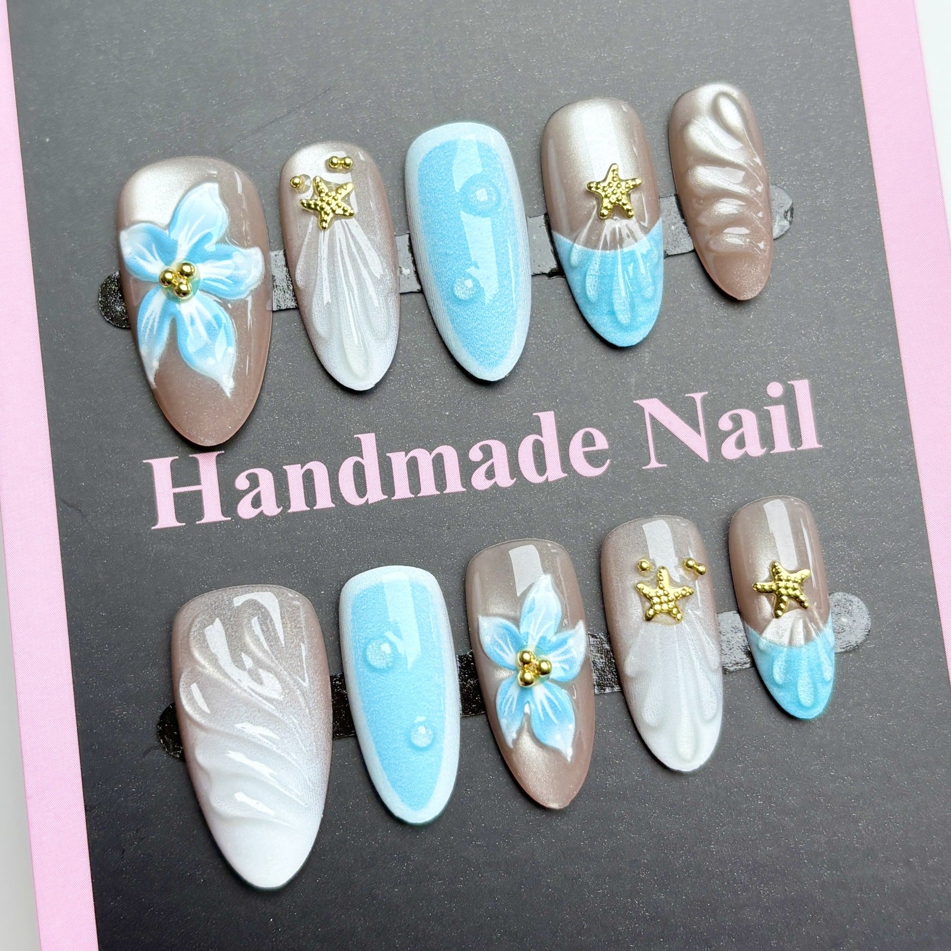 3D Blue Flower Shell（Handmade press on nails）/10Pcs Almond Nails