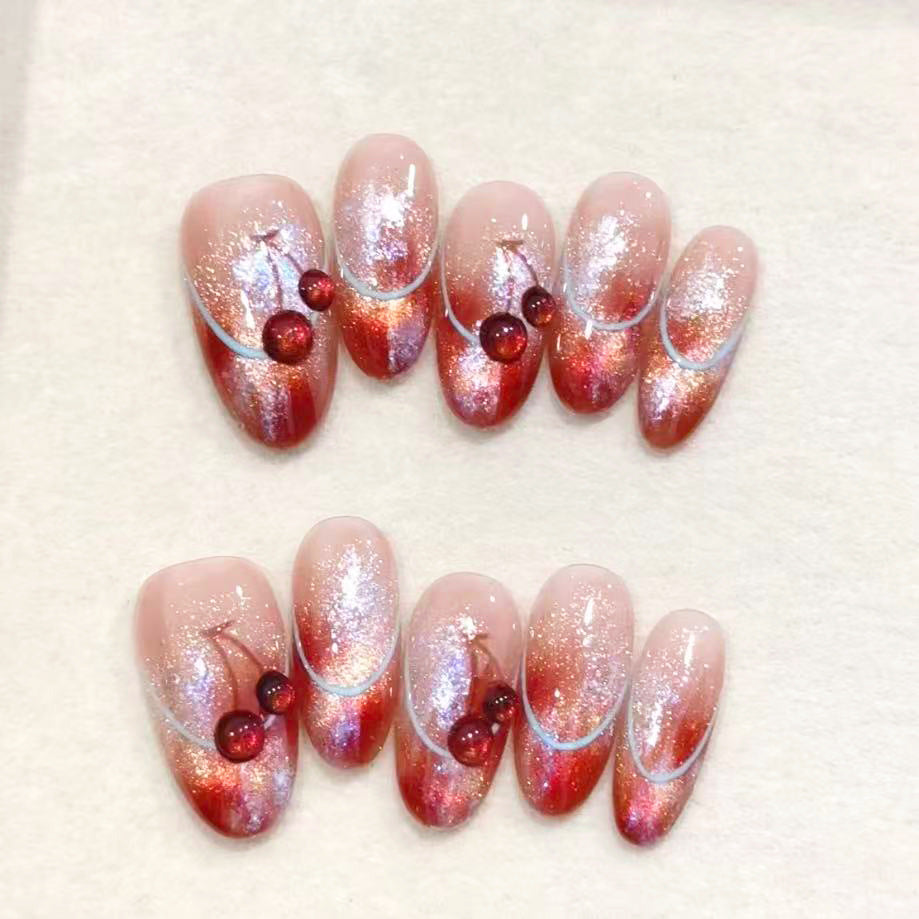 Smudge Cherry Cat Eye（Handmade press on nails）/10Pcs Almond Nails