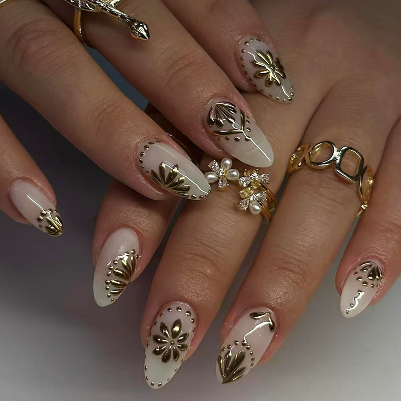 3D Golden Flower White Press on Nails 24Pcs Short Almond Nails