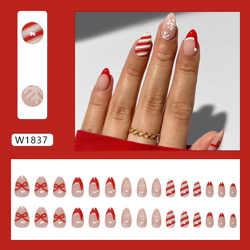 Striped Snowflake Christmas Press on Nails 24Pcs Short Almond Nails