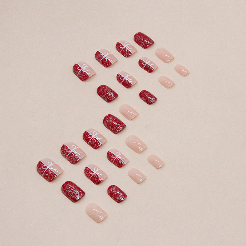 Red Gift Box Press on Nails 24Pcs Short Squoval  Nails