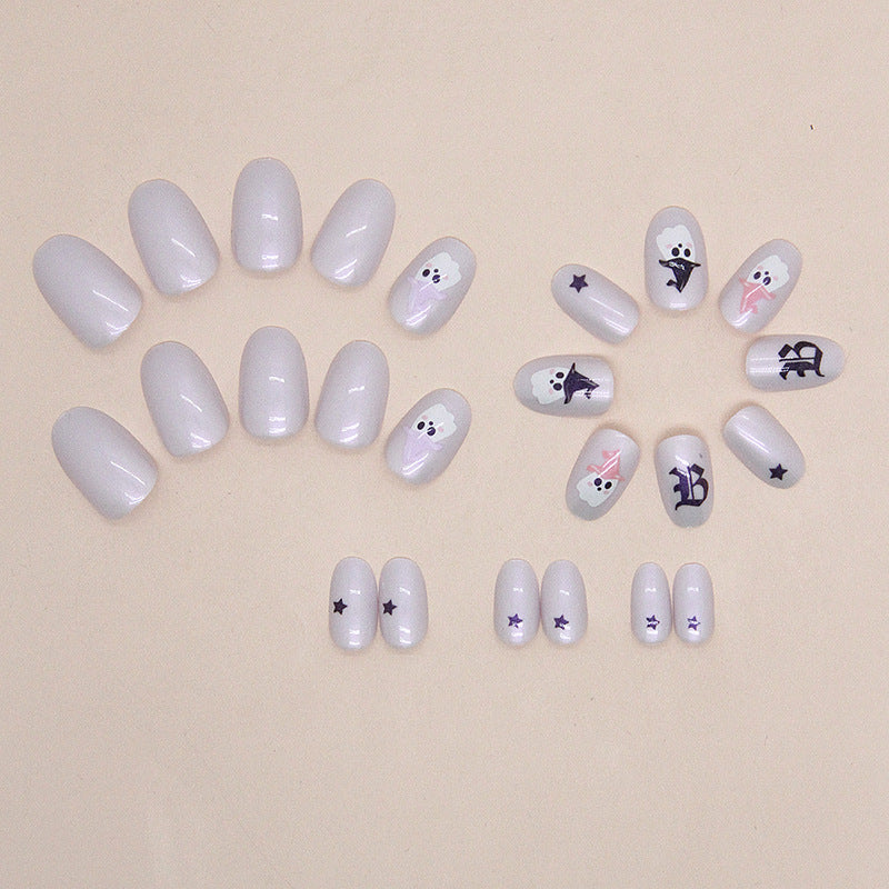 White Aurora Ghost Press on Nails 24Pcs Short Oval Nails  