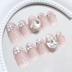 French Pearl Diamond（Handmade press on nails）/10Pcs Oval Nails