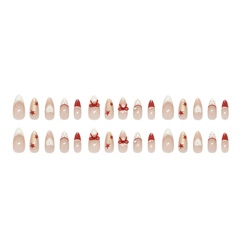 French Polka Dot Bow Press on Nails 24Pcs Medium Almond Nails
