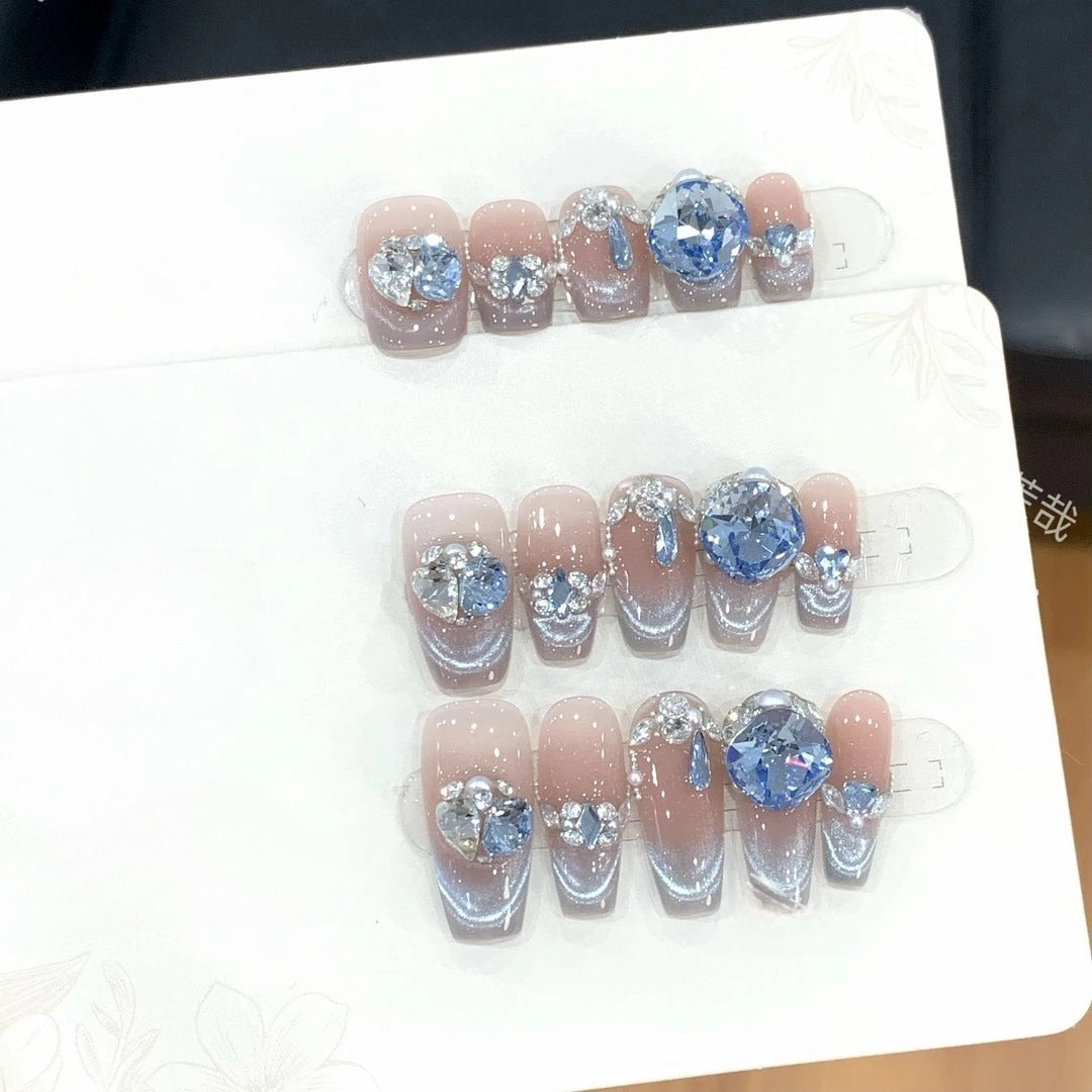Sapphire French Cat Eye（Handmade press on nails）/10Pcs Coffin Nails