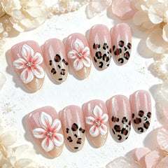 Leopard 3D Flower Presson on Nails 10Pcs Medium Almond Nails