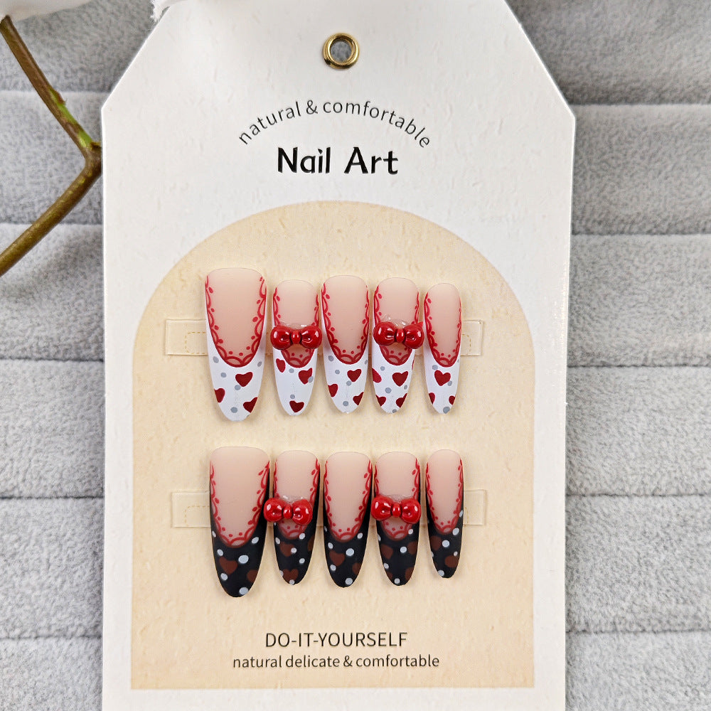 Lace Black Red French（Handmade press on nails）/10Pcs Stiletto Nails