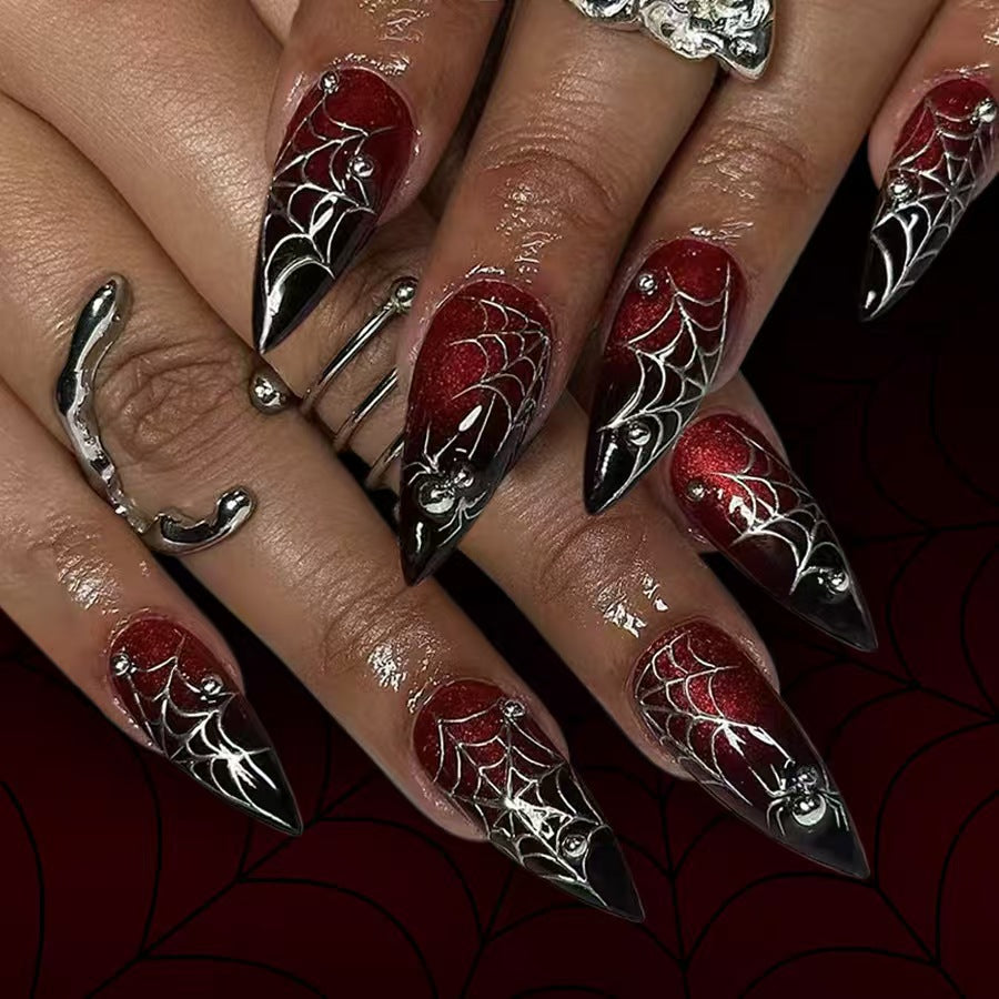 Red & Black Spider（Handmade press on nails）/10Pcs Almond Nails