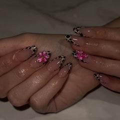 Leopard 3D Flower Press on Nails 24Pcs Medium Almond Nails