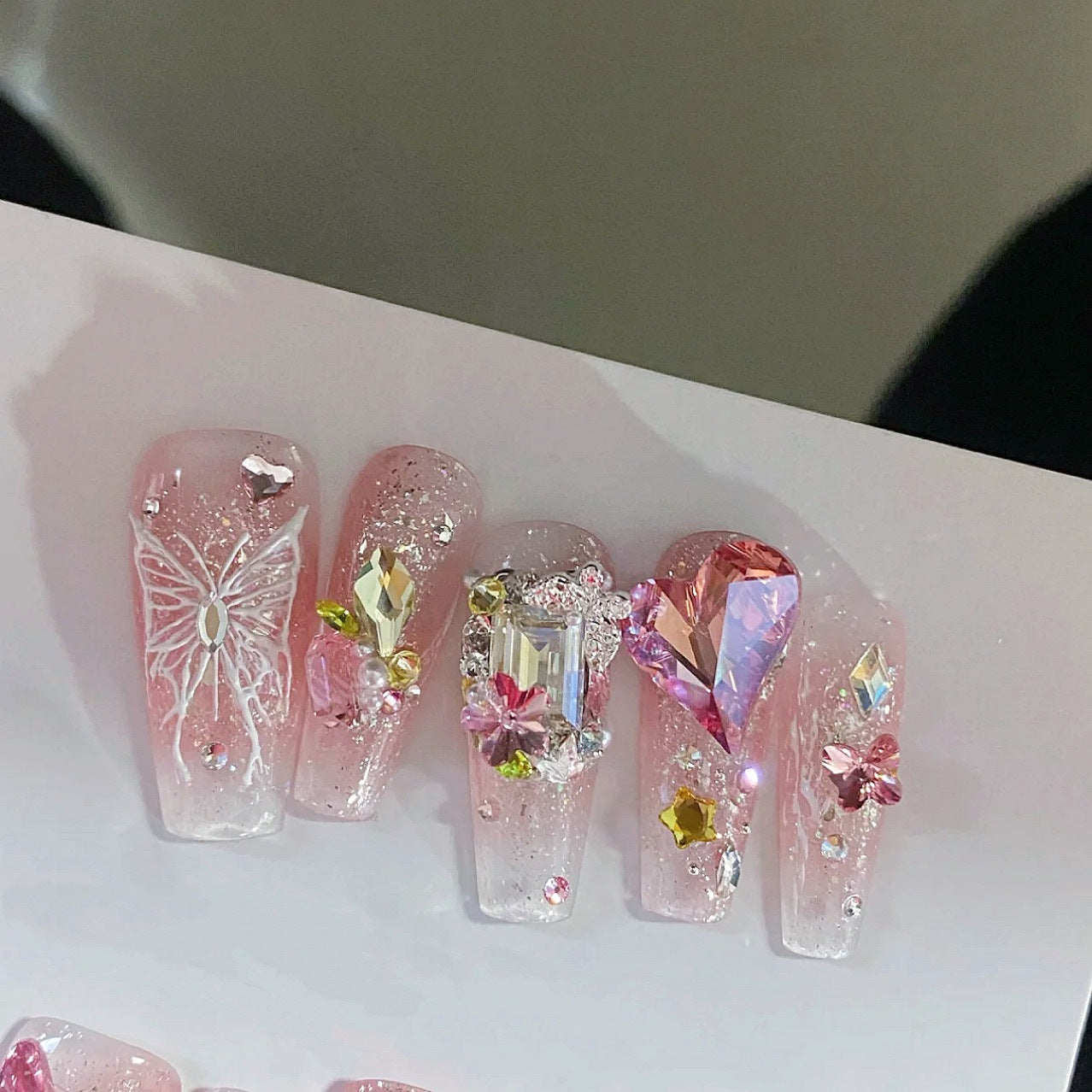 Pink Diamond Butterfly Handmade press on Nails / 10Pcs Ballerina  Nails