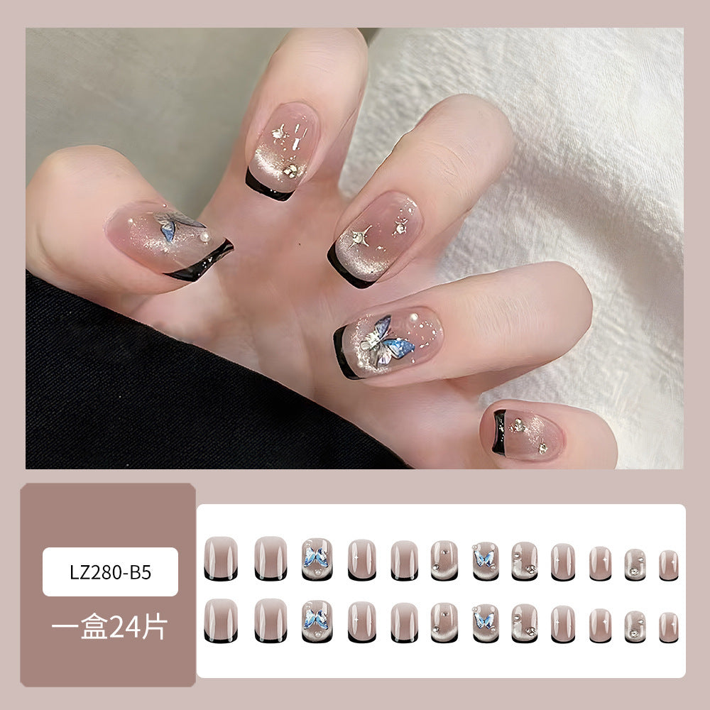 Black Edge French Diamond Cat Eye Press on Nails 24Pcs Short Square Nails