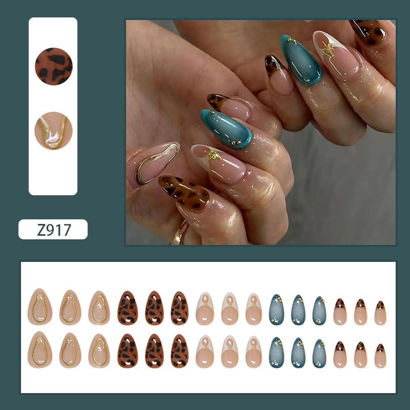 3D Leopard Print Nude Press on Nails 24Pcs Short Almond Nails