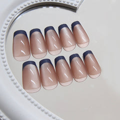 Blue French Cat Eye Nude Press on Nails 24Pcs Medium Squoval Nails