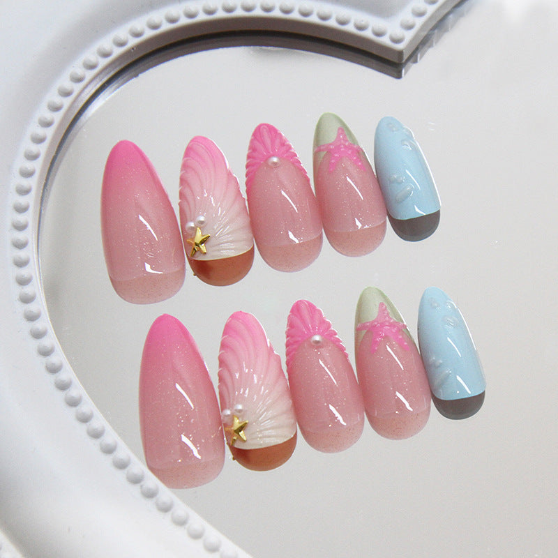 Colorful 3D seashells Summer Press on Nails 24Pcs Medium Almond Nails