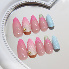 Colorful 3D seashells Summer Press on Nails 24Pcs Medium Almond Nails