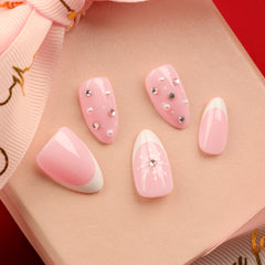 French Snowflake Diamond Press on Nails 24Pcs Short Almond Nails