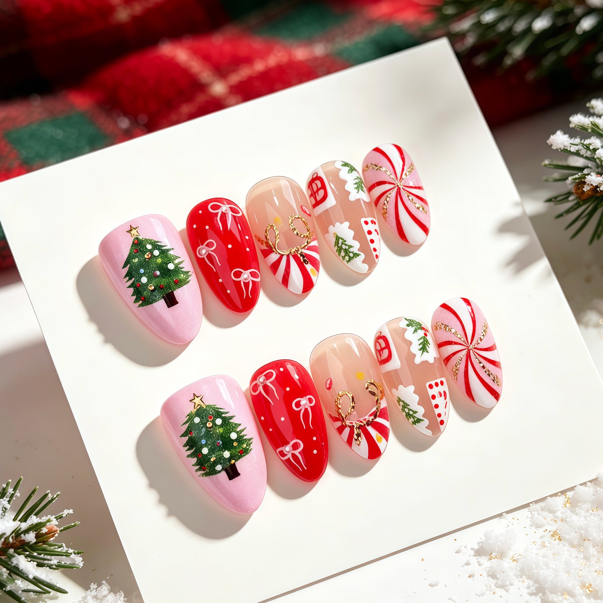 Pink Christmas Tree Bow Presson on Nails 10Pcs Medium Almond Nails