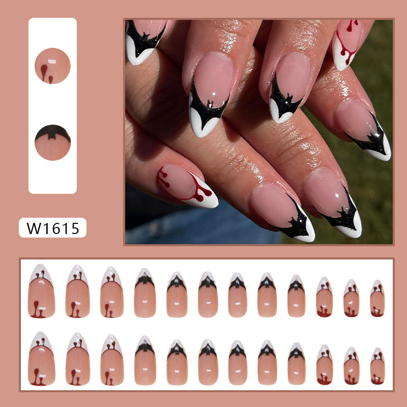 White French Bat Press on Nails 24Pcs Medium Almond Nails  