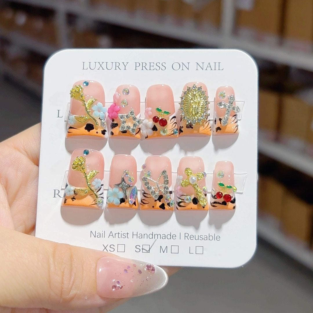 Leopard Bloom（Handmade press on nails）/10Pcs Square Nails