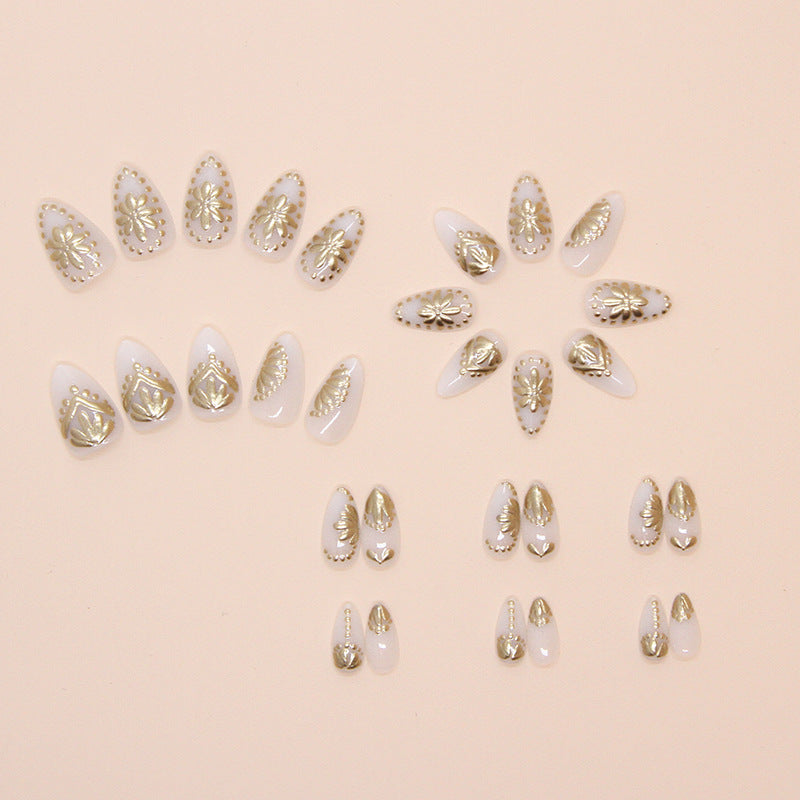 3D Golden Flower White Press on Nails 24Pcs Short Almond Nails