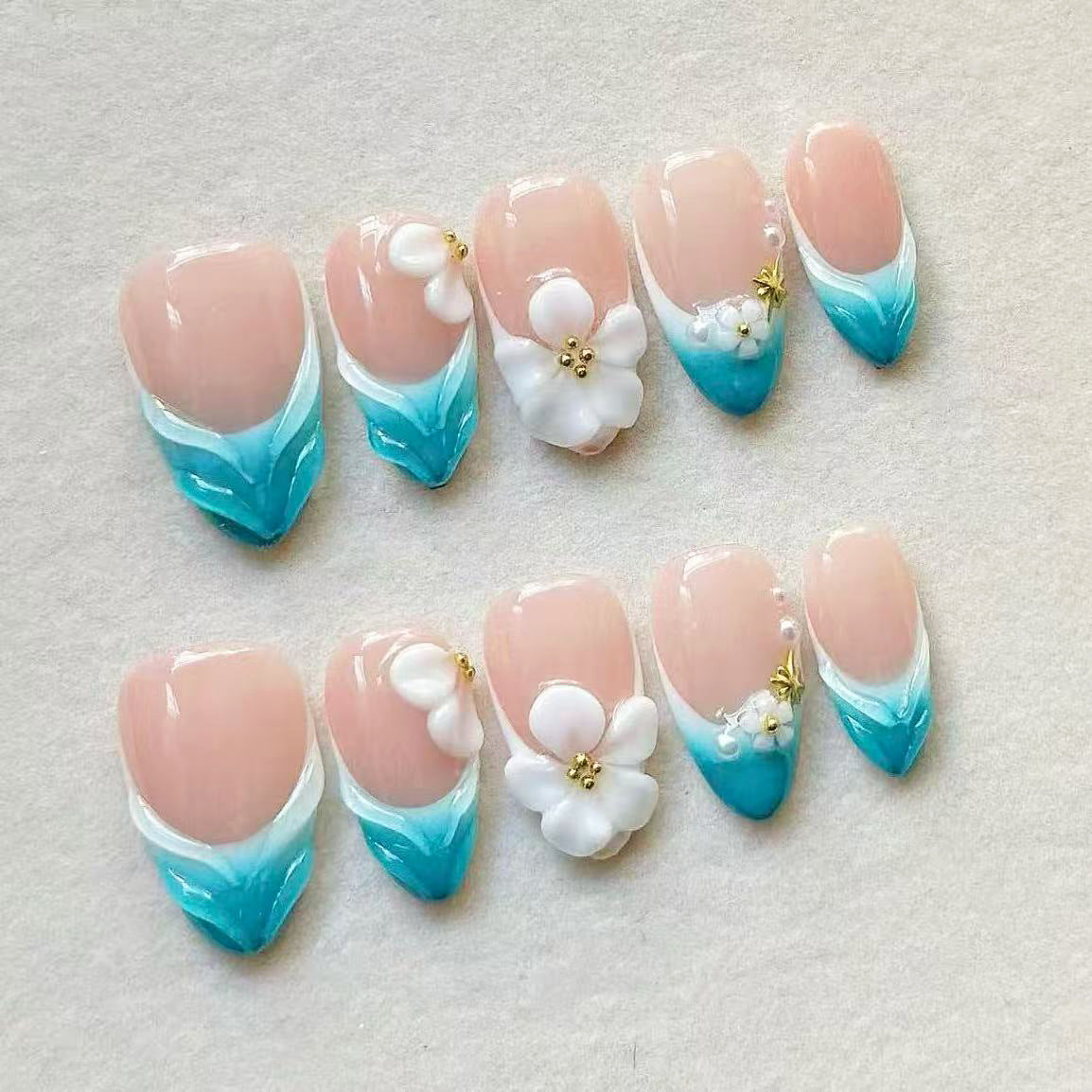 Island Vacation Style Press on Nails 10Pcs Short Almond Nails