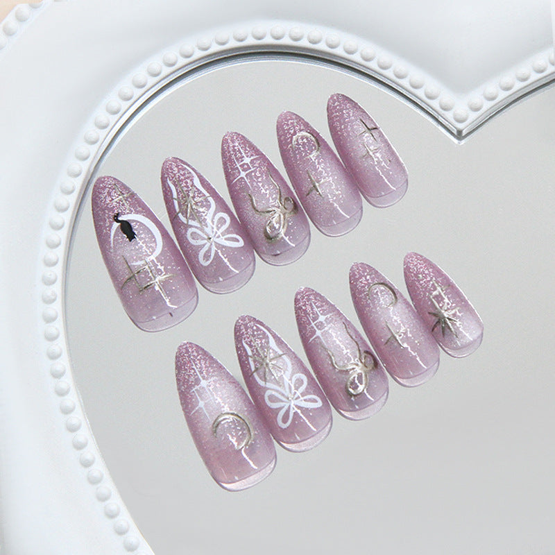 Starry Cat Moon Cat Eye Presson on Nails 24Pcs Medium Almond Nails