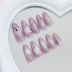 Starry Cat Moon Cat Eye Presson on Nails 24Pcs Medium Almond Nails