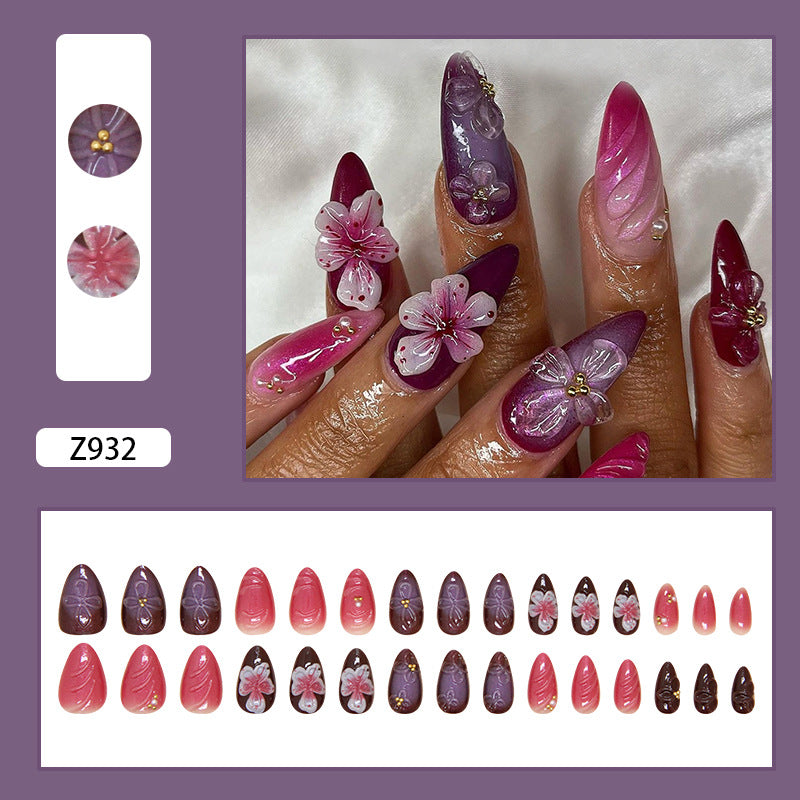 3D flower Purple Press on Nails 24Pcs Short Almond Nails