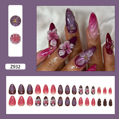 3D flower Purple Press on Nails 24Pcs Short Almond Nails