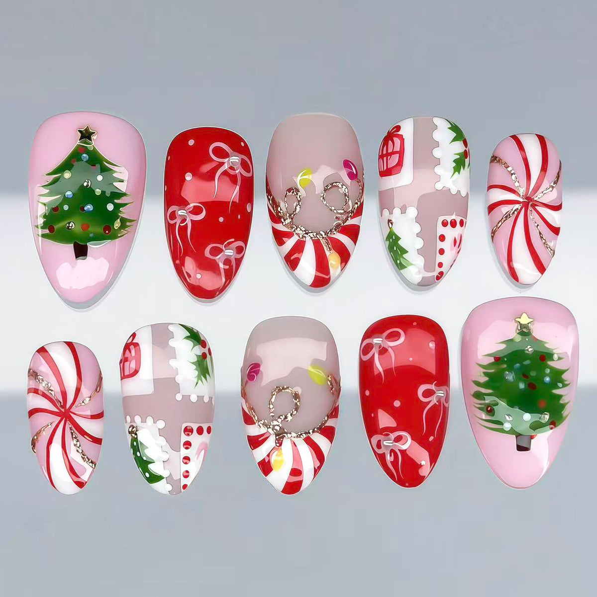 Pink Christmas Tree Bow Presson on Nails 10Pcs Medium Almond Nails