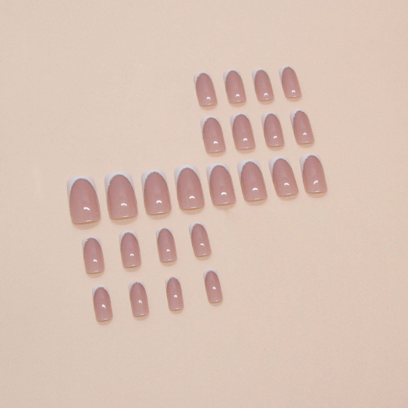 Simple Fine Glitter French Nude Press on Nails 24Pcs Medium Oval Nails