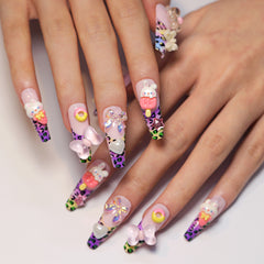 Colorful Leopard Print Cute Rabbit Press on Nails 24Pcs Long Ballerina Nails