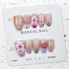 Ocean Pink Flower Press on Nails 10Pcs Medium Almond Nails