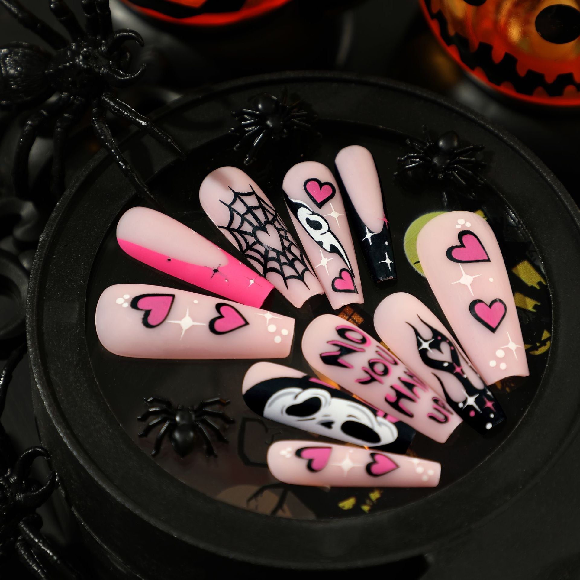 Ghost Love Flame Press on Nails 24Pcs Long Ballerina Nails  