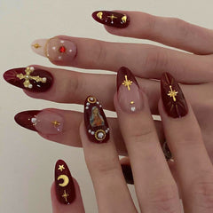 Star Moon Cross Press on Nails 24Pcs Medium Almond Nails