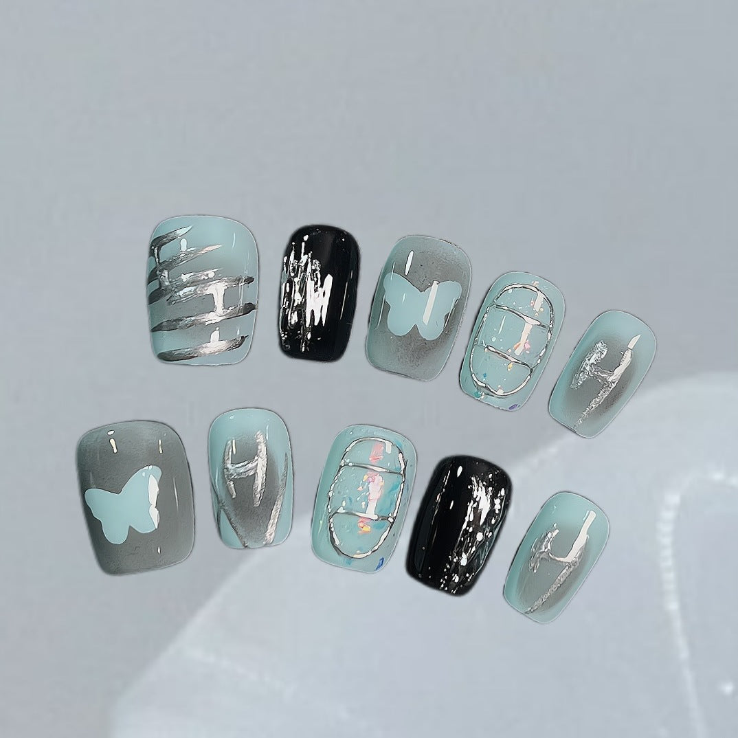 Y2K Metal Butterfly（Handmade press on nails）/10Pcs Squoval Nails