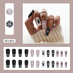 Snowflake Elk Black White Press on Nails 24Pcs Long Ballerina Nails