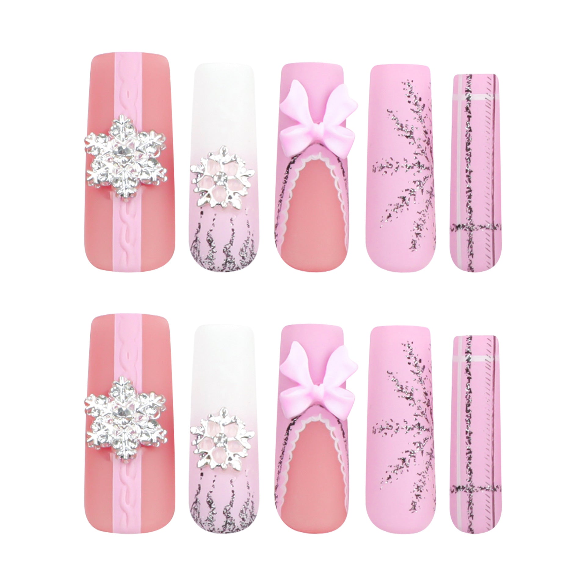 Bow Snowflake Pink Press on Nails 24Pcs Long Squoval Nails